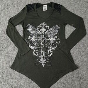 VOCAL Cross Wings Bling Studded Shirt Womens L Y2K Affliction Style